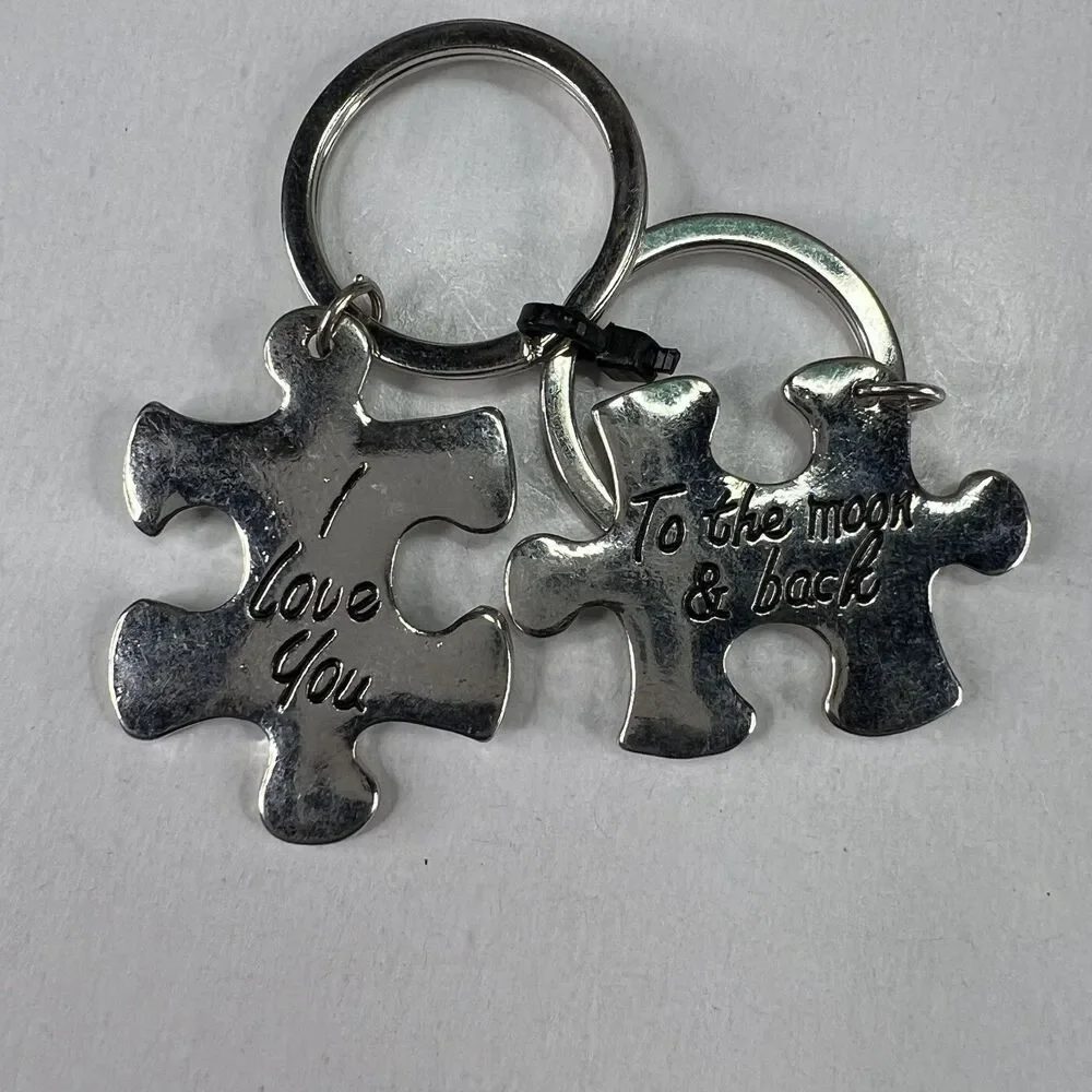 Vintage I Love You To The Moon & Back His and Her Keychain Puzzle Pieces 1.5